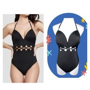 Shade & Shore Black plunge Halter One piece Swimsuit 34C NWT Peekaboo Woven Sexy